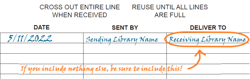 image of labels that go on orange bags with a note "if you include nothing else, be sure to include this!" An arrow points to the receiving library's name under "Deliver To."
