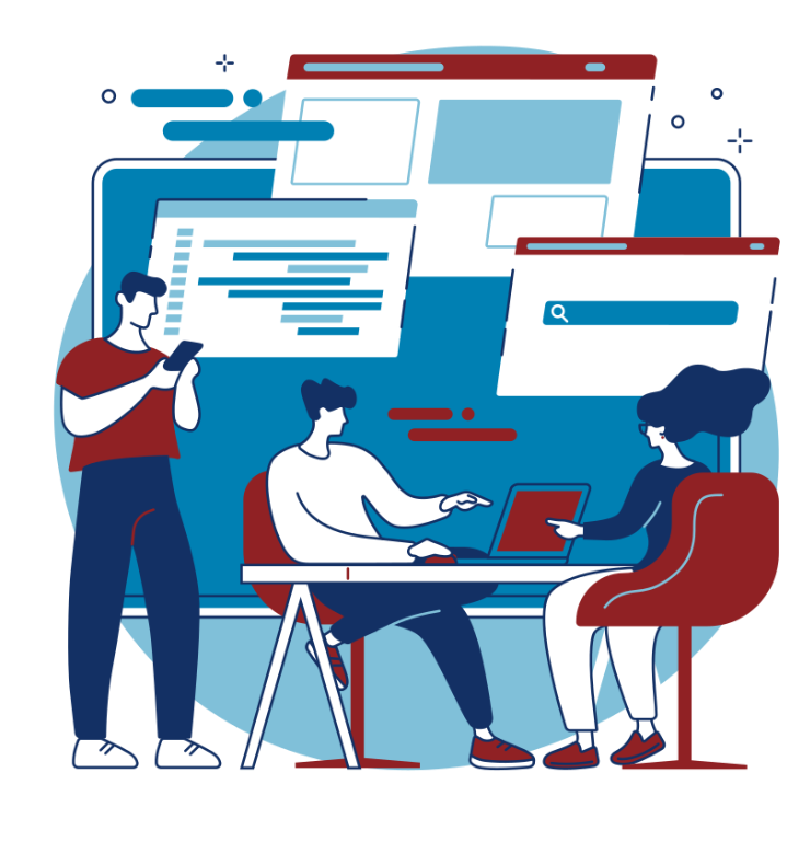 decorative image of people working together on a computer and phone
