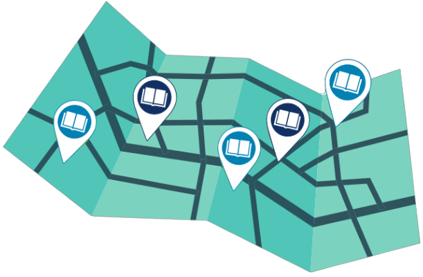 Annual Library Crawl -- fold-out map with library GPS pin points