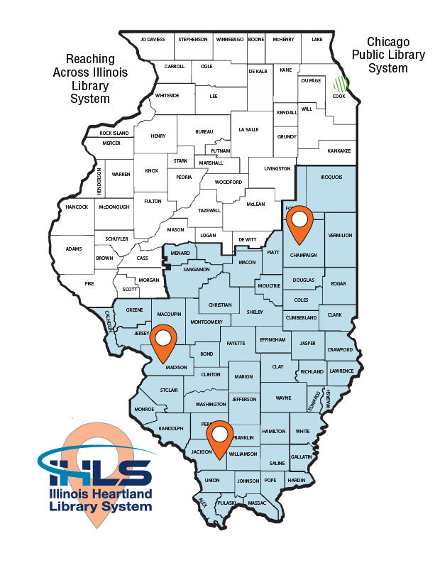 IHLS Service Area Map: IHLS Serves the southernmost, southwest, and southeast-central portions of Illinois. Most of the rest of the state is serves by RAILS, with Chicago Public Library overlapping the RAILS service area but in only the City of Chicago.