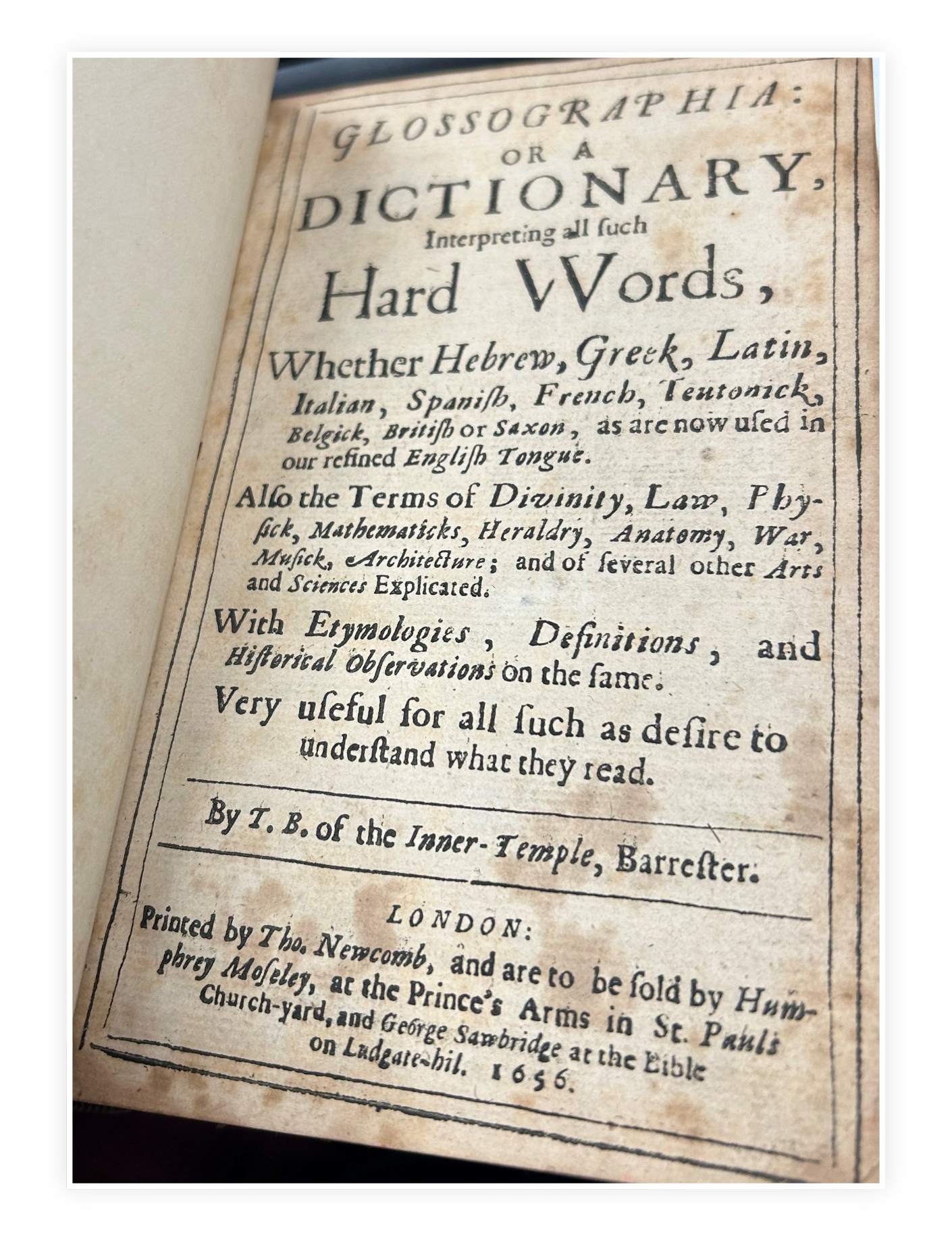 Title page of Glossographia or a dictionary interpreting all such hard words.