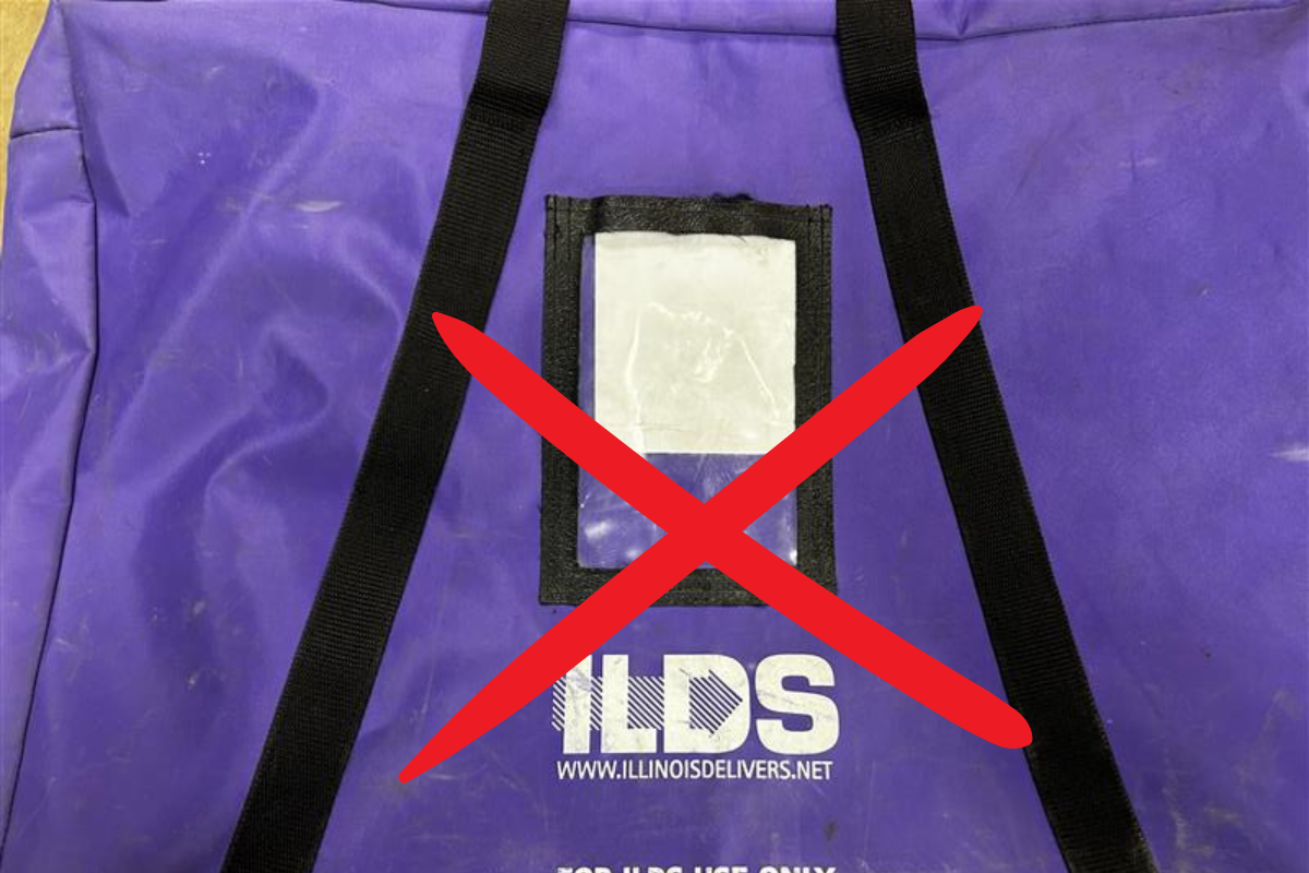 A purple ILDS bag with the label turned. Image marked with an x, indicating that libraries shouldn't turn the ILDS bags' labels.