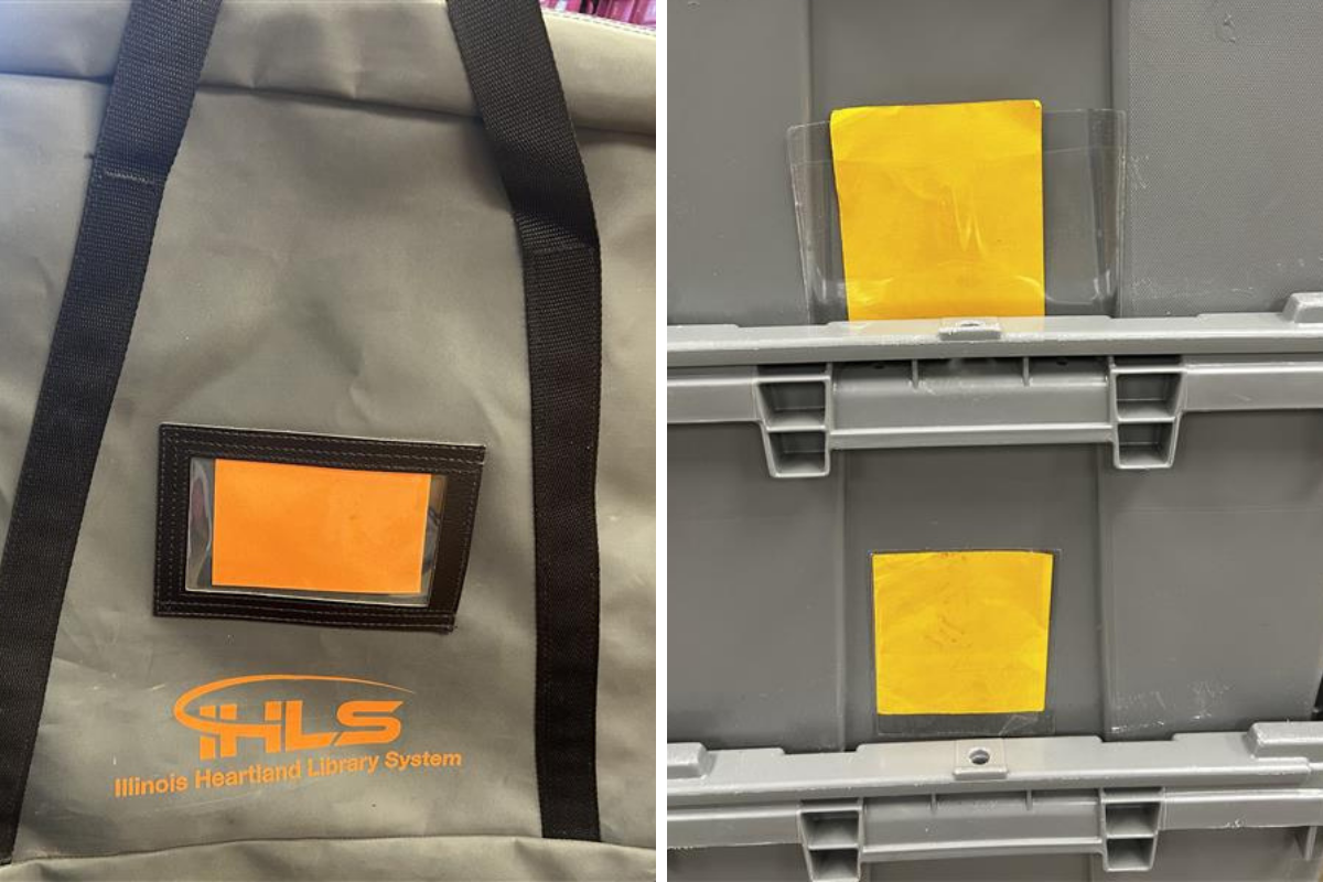 A gray bag and gray tub with turned labels. The library names are no longer visible.