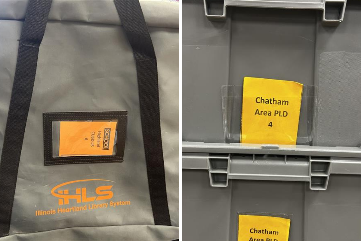 A gray bag and gray tub with unturned labels. The library names are still visible.