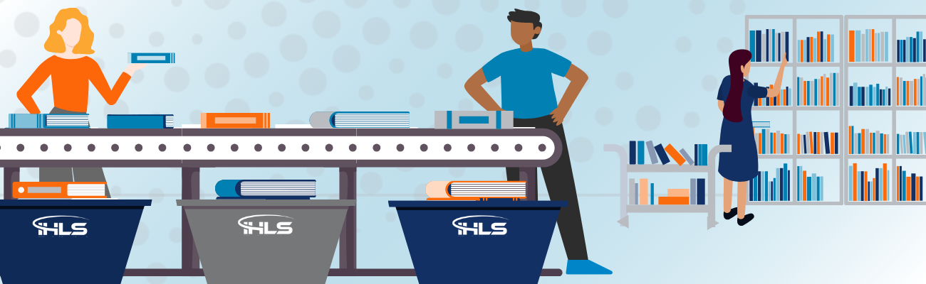 Corporate-style illustration of two people standing behind a conveyor belt transporting books to some Illinois Heartland Library System bins