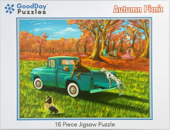 Photo of a puzzle titled Autumn Picnic. It's a 16-piece jigsaw puzzle depicting an autumn scene meant to stimulate cognition.