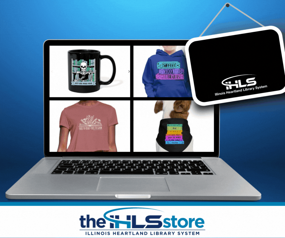 Decorative GIF of computer showing several designs available on the IHLS store. A neon sign with the text "yes, we're open" flickers in the foreground.