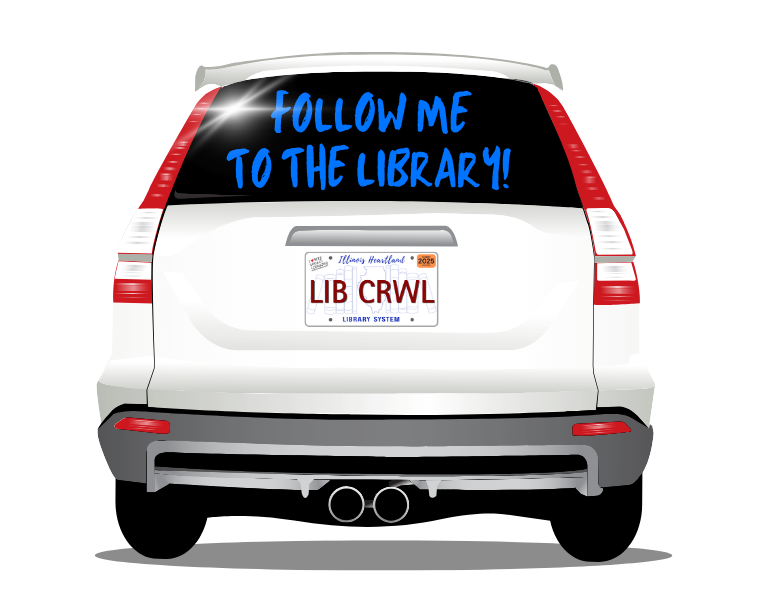 An illustration of a white van or SUV with the library crawl license plate logo. Written on the back window are the words "Follow me to the Library!" in blue.