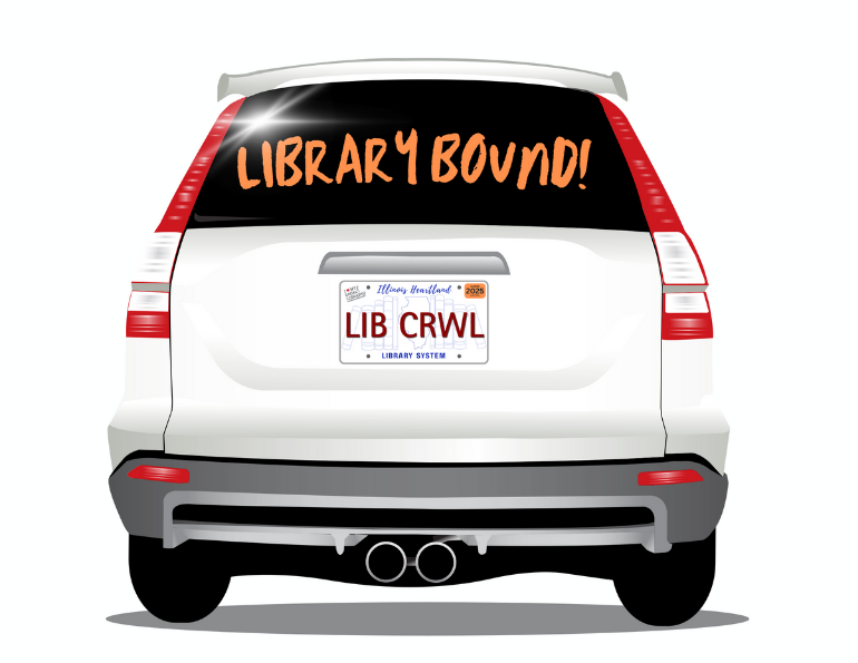 An illustration of a white van or SUV with the library crawl license plate logo. Written on the back window are the words "Library Bound" in orange.