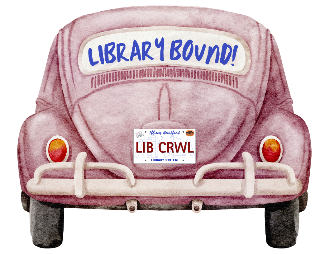 Watercolor painting of a red car with the Library Crawl logo license plate and the text "library bound" in blue.