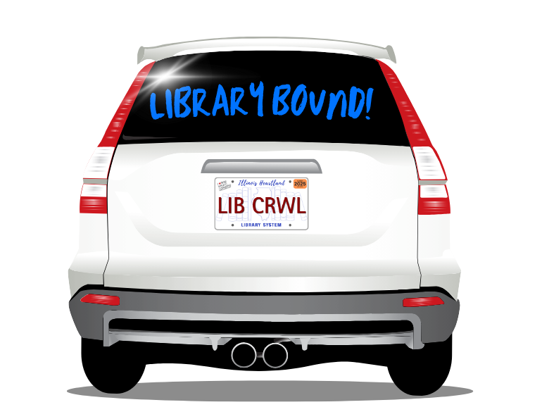 illustration of a white van or SUV with the library crawl license plate logo. Written on the back window are the words "Library Bound" in orange.