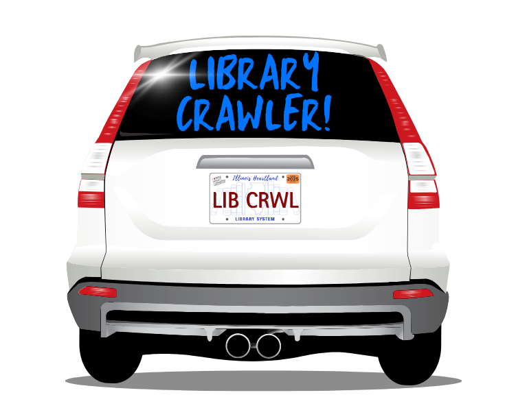 An illustration of a white van or SUV with the library crawl license plate logo. Written on the back window are the words "Library Crawler" in blue.