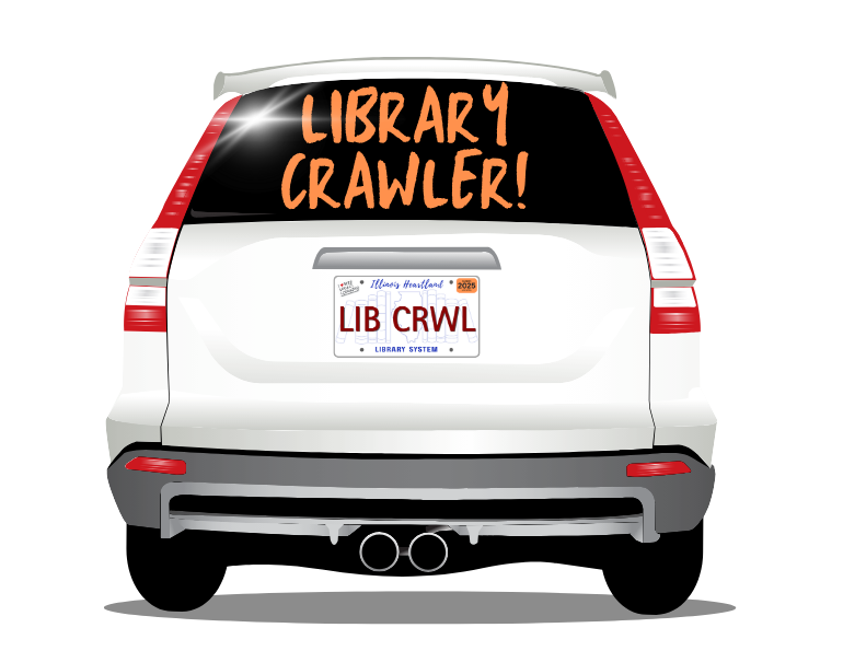 An illustration of a white van or SUV with the library crawl license plate logo. Written on the back window are the words "Library Crawler" in orange.