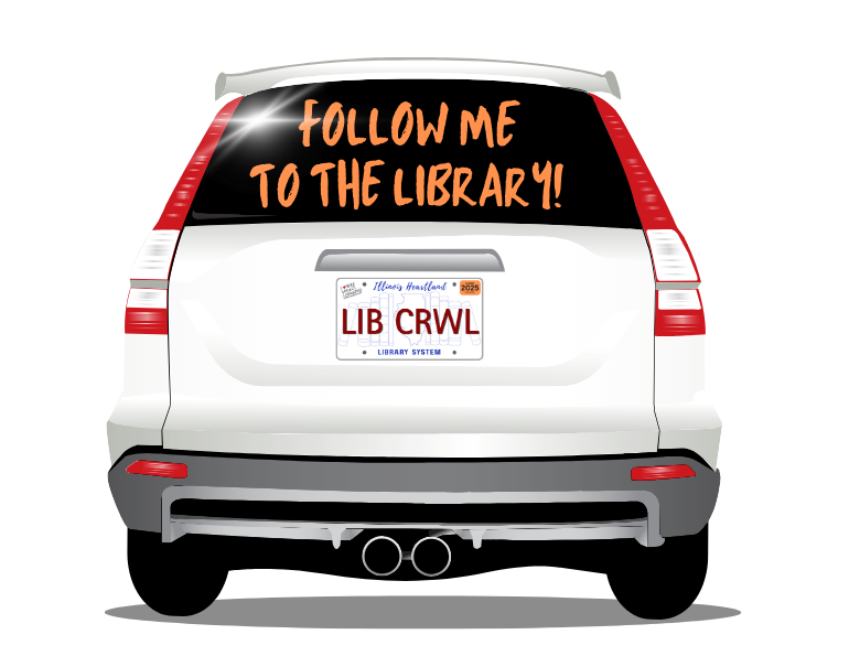 An illustration of a white van or SUV with the library crawl license plate logo. Written on the back window are the words "Follow me to the Library!" in orange.