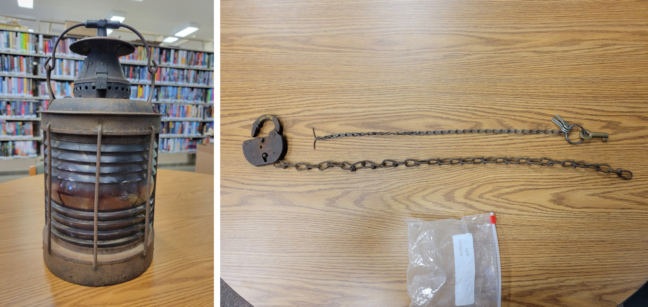 Collage: Adams & Westlake Company railroad lantern and a Metal padlock and keys on a fob.