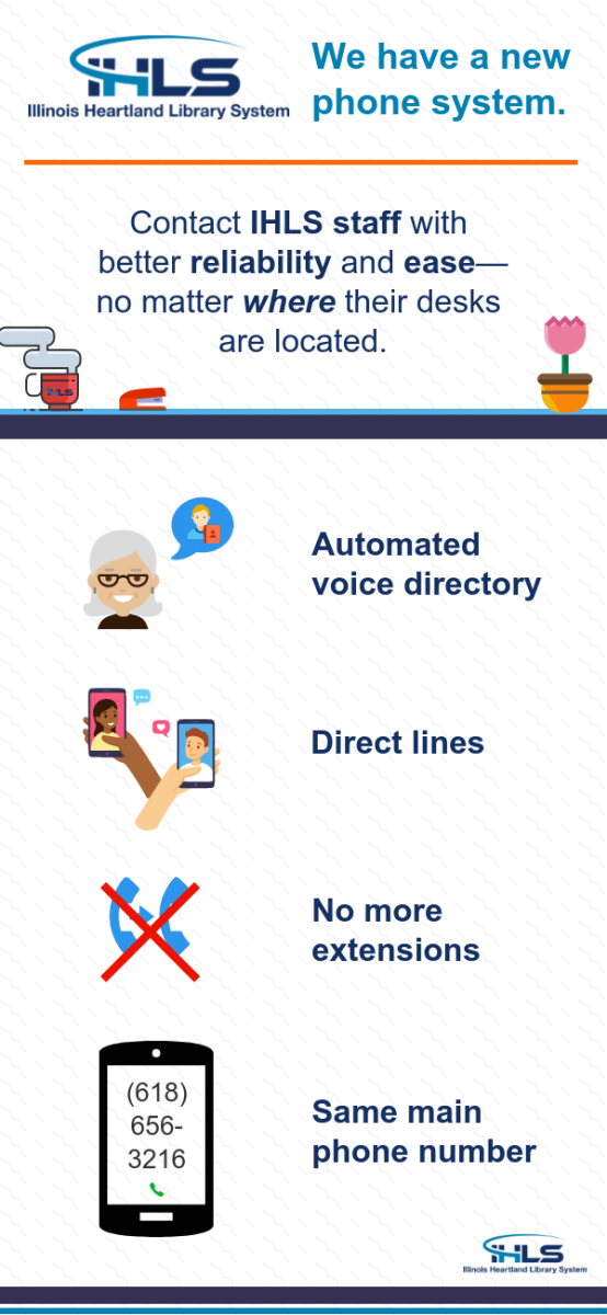 We have a new phone answering system. Now you can contact IHLS staff with better reliability and ease--no matter where their desks are located. Automated voice directory. Direct lines. No more extensions. Same main phone number: 618-656-3216.