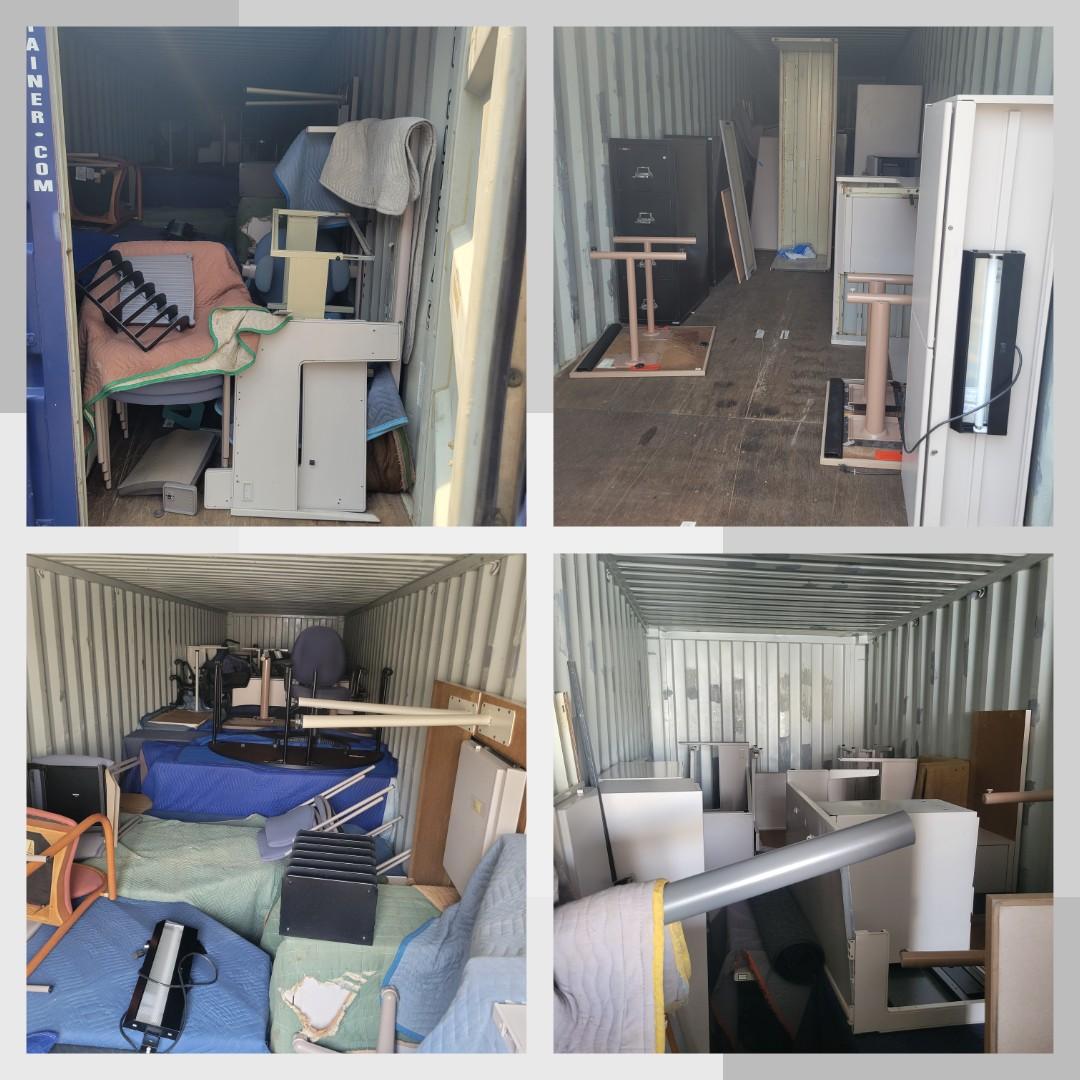 Photos of office furniture in two shipping containers