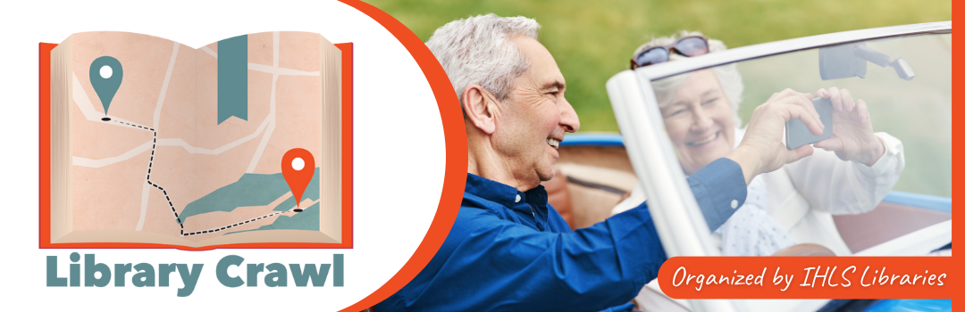 Library crawl logo next to photo of older white couple taking a selfie in a blue and white convertible car.