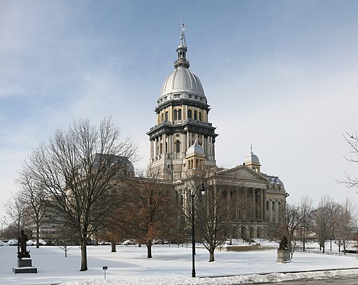 photograph of the Illinois state Capitol surrounded by snow