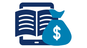 e-reader and money bag icons (blue line-art drawing)