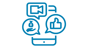 mobile device with icons for video, social media like, and giving money coronavirus silhouette (blue line-art drawing)