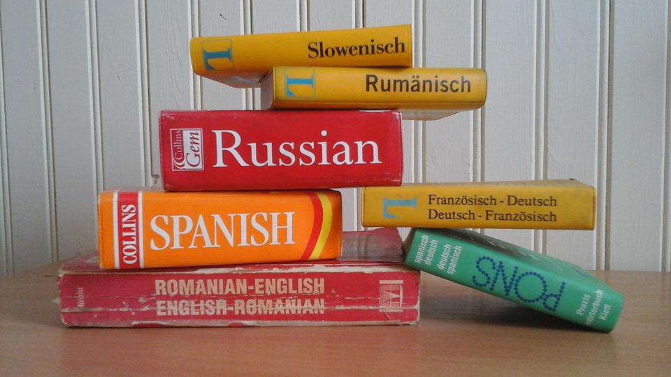 Photograph of world language dictionaries stacked