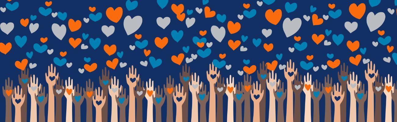 Image: numerous arms reaching up toward a bunch of hearts. 