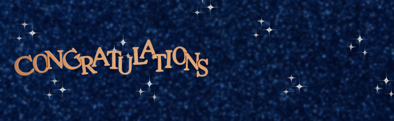 The word "Congratulations!", in gold, lies over a background of navy blue glitter.