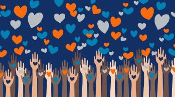 Image: numerous arms reaching up toward a bunch of hearts. 