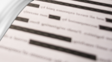 Image of a waving flag of the State of Illinois. In the background is a document with many of the words redacted in black.