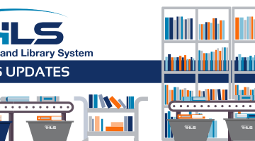 Graphic showing a woman sorting books on a conveyor belt. IHLS book bins sit in front of the belt. Nearby is a book cart and bookshelves.