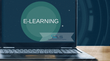 Laptop computer with the words "Library Learning" on the screen. A miniature illustrated man is sitting on the front left of the computer, while a miniature woman sit in a chair to the right of the laptop, looking at what may be a tablet computer or a notebook.