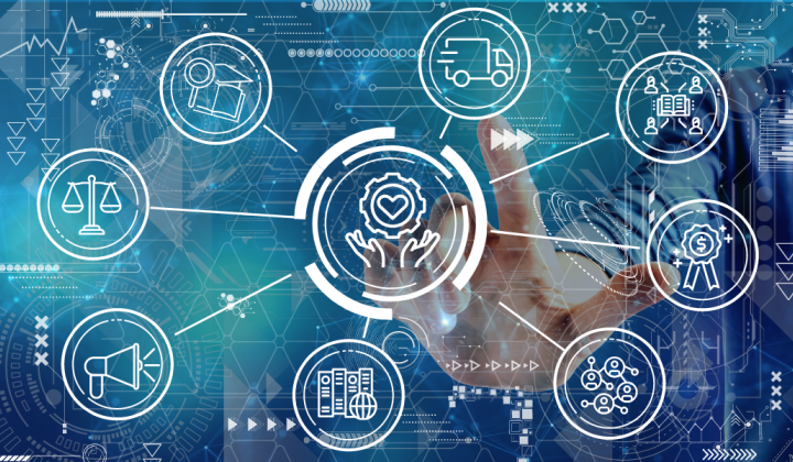 Futuristic image with icons representing our services