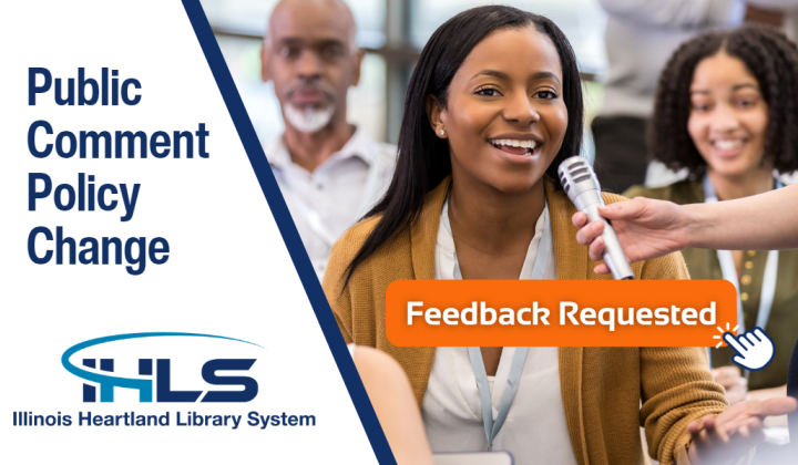Graphic with photo of woman speaking into a microphone. Text reads: "Public comment policy change. Feedback requested."