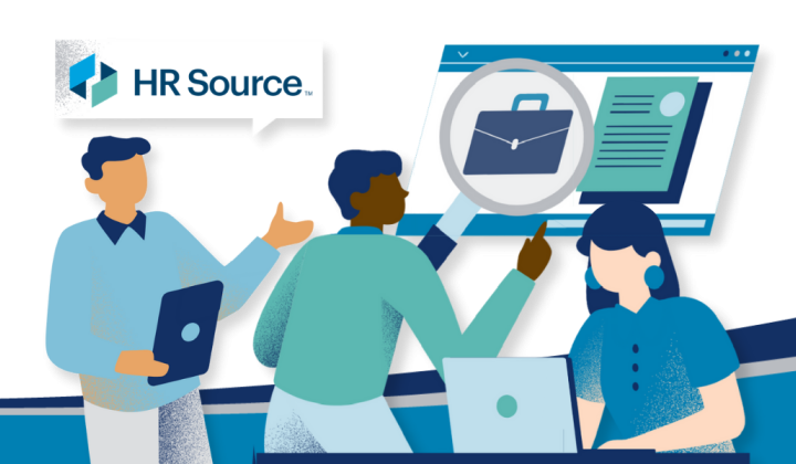 decorative graphic depicting hr staff working, one of whom says "HR Source."